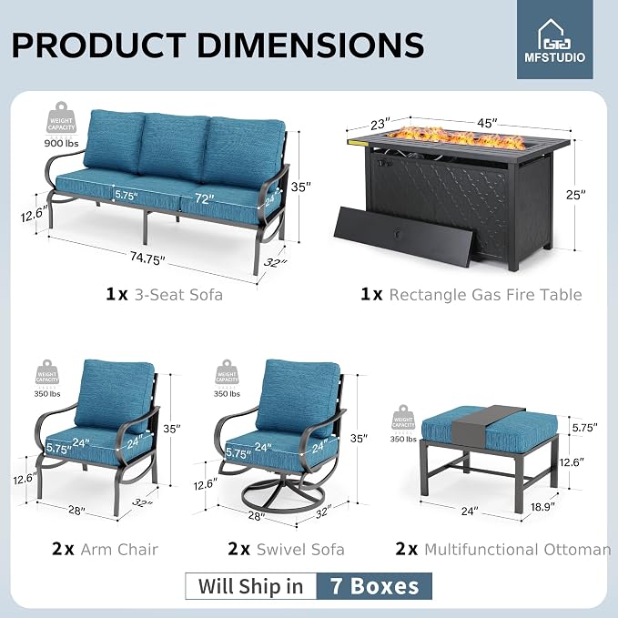 MFSTUDIO Patio Furniture Sets with 45" Gas Fire Pit Table, 8 Pieces Outdoor Metal Conversation Set with 1 x 3-Seat Sofa, 2 Single Chairs, 2 Swivel Chairs and 2 Ottomans, Peacock Blue Cushion