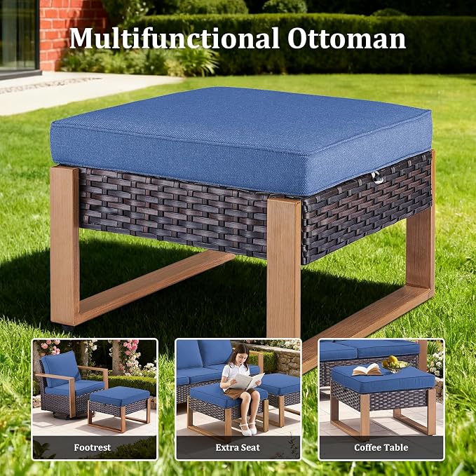 3 Pieces Patio Sofa Set with Metal Arm, High Back Wicker Sectional Outdoor Sofa with Ottomans, Outdoor Seating Furniture High Back Conversation Set for Balcony Deck Porch Backyard, Blue