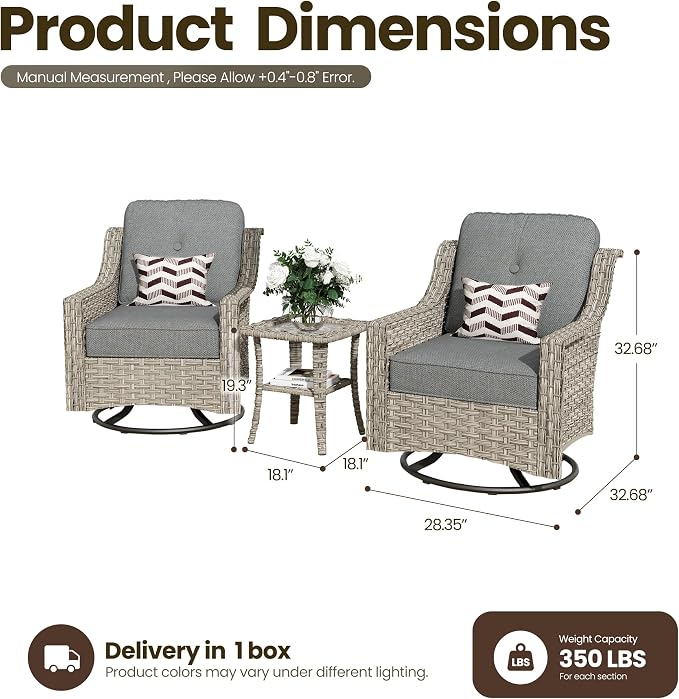 3 Piece Patio Furniture Set, Outdoor High Back Swivel Rocker Chairs Set of 2 with Side Table, All Weather Wicker Glider Chair with Thick Cushions for Backyard Balcony Porch, Dark Gray