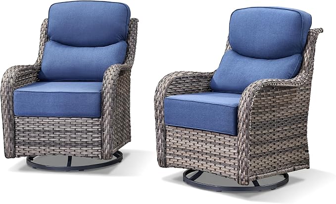 Luxury Wicker Patio Furniture Set-High Back Outdoor Swivel Chairs Set of 2 with 6" Thick Cushions Wide Armrest All Weather Patio Conversation Sets for Deck Porch Balcony(Grey/Blue)