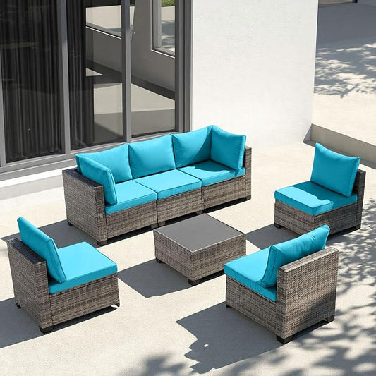 7-Piece Outdoor Patio Furniture Set, Gray PE Rattan Sectional Sofa with Turquoise Cushions and Steel Frame, Coffee Table Included, Modular Outdoor Conversation Set for Patio Garden Poolside