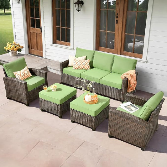 ovios 5 Pieces Patio Furniture Set, Outdoor Wicker Sofa Couch with Chairs Comfy Cushions, All Weather Brown Rattan Conversation Set for Backyard Deck Porch, Green
