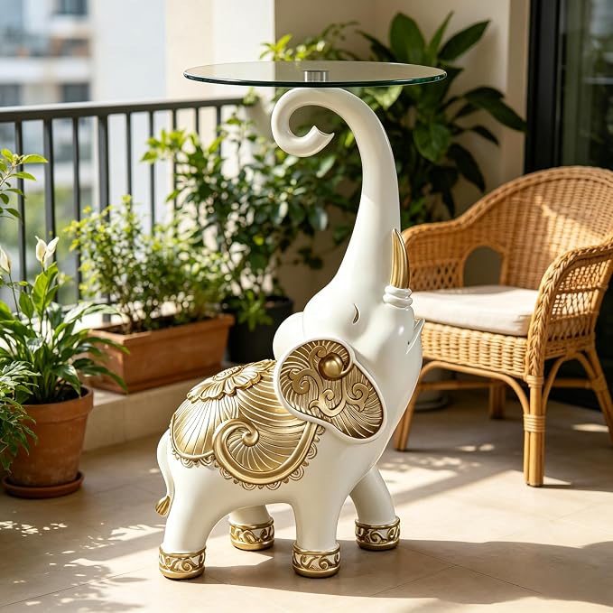 Elephant Side Table with Glass Top, White and Gold, 27.2 Inch