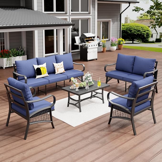 5 Piece Patio Furniture Set, 7 Seat Metal Outdoor Sectional Sofa Set with Thick Cushions, All Weather Patio Conversation Set with Coffee Table for Garden, Porch, Lawn, Blue