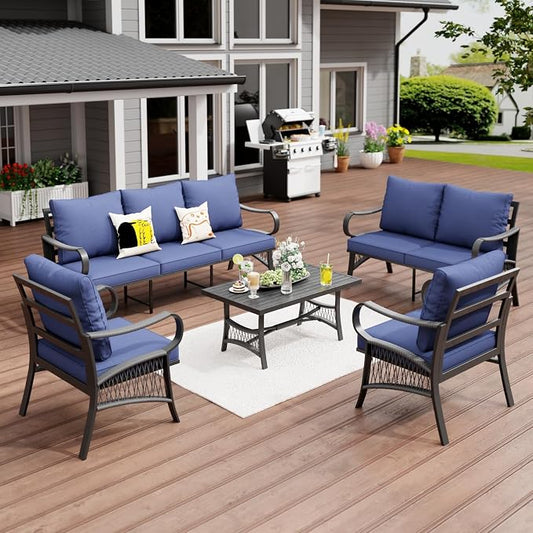 5 Piece Patio Furniture Set, 7 Seat Metal Outdoor Sectional Sofa Set with Thick Cushions, All Weather Patio Conversation Set with Coffee Table for Garden, Porch, Lawn, Blue