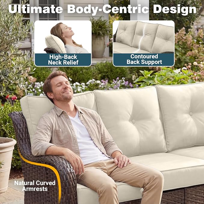 Patio Furniture Set, 8PCS Outdoor Wicker Conversation Set with 6" Thick Cushions, High Back Rattan Sofa & Swivel Rocker Chairs, Weather Resistant Olefin Fabric for Garden, Poolside, Beige