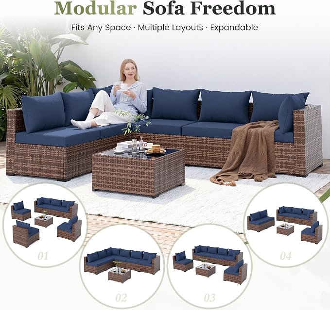 Amopatio Patio Furniture Set, Modular Outdoor Sectional 7 Piece Wicker Patio Set, Multiple Combinations Outdoor Furniture with Glass Coffee Table, Navy Blue