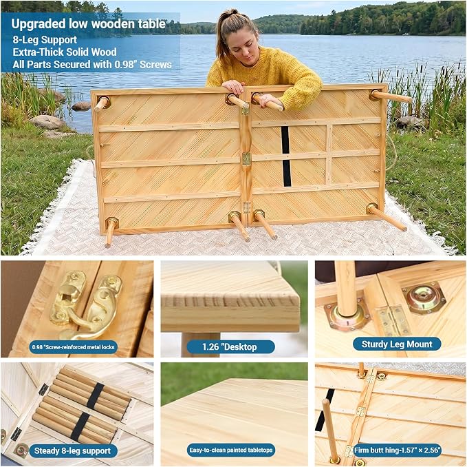 Upgraded Large Low Wooden Folding Picnic Table with 8-Legs, Thick Varnished Tabletop, 60"×30" Portable Boho Beach Table with Table Runner for Yard, Indoor & Outdoor, Camping (Diagonal)
