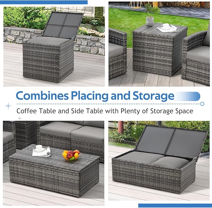 U-MAX 7 PCS Outdoor Patio Furniture Set w/Two Storage Boxes&Furniture Set Cover, Outdoor Conversation Set All-Weather PE Wicker Sectional Sofa, Grey Rattan& Grey Cushions