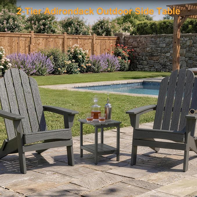 Outdoor Side Table, 2-Tier Small Square Patio Side Table with Adjustable Feet, All-Weather HDPE Adirondack End Tables for Porch Deck Balcony Pool, Easy Maintenance, Grey