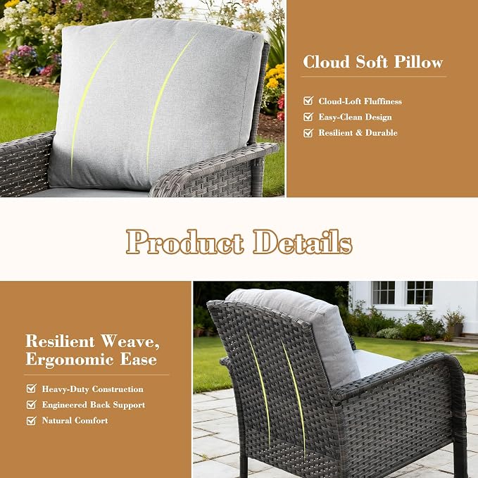 2 Pieces Patio Furniture Set, Two Single Chair Outdoor Furniture, All-Weather Rattan Wicker High Back Conversation Set of 2 for Small Space Porch, Backyard, Balcony, Grey