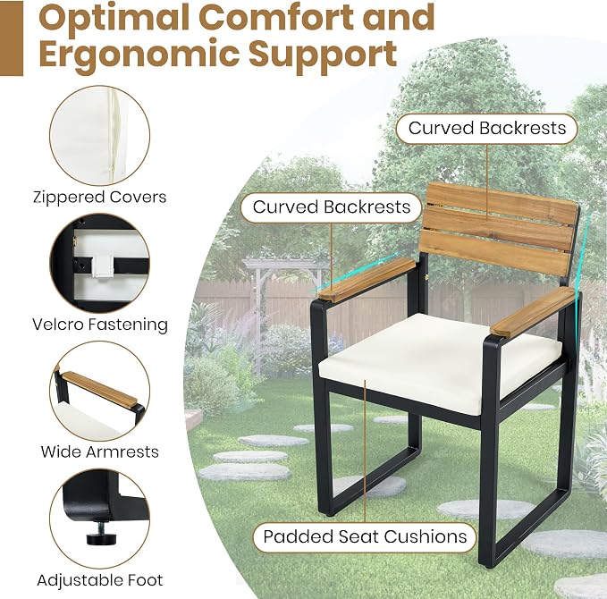 6 Piece Outdoor Dining Set, 1 Table with 4 Chairs & 1 Bench for 6-7 Person, Acacia Wood Dining Furniture Set with Removable Cushions, Adjustable Feet, Patio Backyard Dining Furniture, Beige