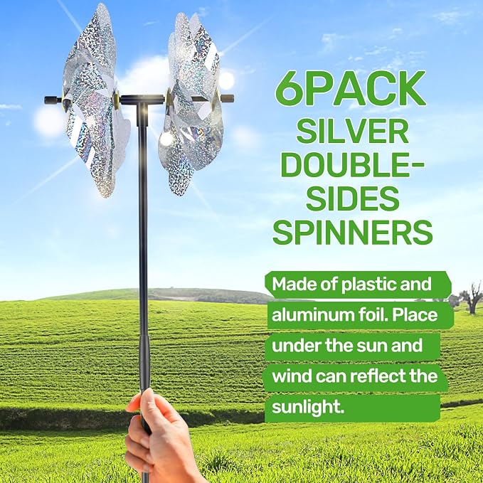 BATTIFE Preassembled Reflective Pinwheels for Yard & Garden, Silver, 6 Pack | Double-side Spinner,Sparkly Material, Spins Best in Steady Wind, Animal-Deterrent Results Vary by Placement and Conditions