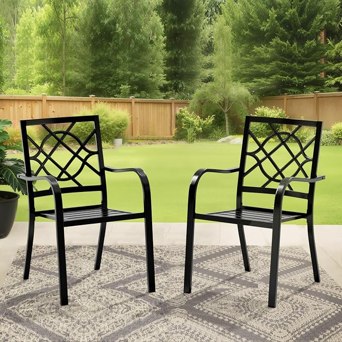Oakcloud 2 Pieces Patio Wrought Iron Chairs, Metal Outdoor Dining Chair, Stackable Dining Chairs with Armrest for Garden Backyard, 300 LBs, Black