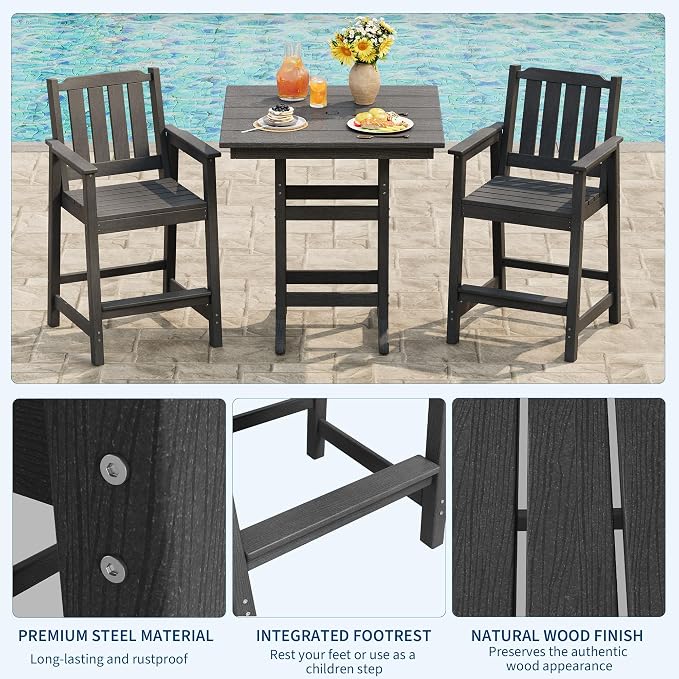 GarveeLife Outdoor Counter Height Bar Dining Table, HDPE Wood Grain Tall Bar Table – 39.6" High Square Pub Table, Cocktail Bistro Table Fits, for Patio, Garden, Poolside, Balcony & Yard (Dark Grey)