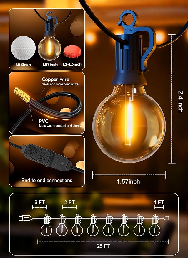 Outdoor String Lights, 25FT 12+1 G40 Bulbs Shatterproof Patio Lights | IP65 Waterproof Dimmable Hanging Connectable Globe LED Outdoor Lights for Backyard, Bistro, Porch, Deck, Balcony