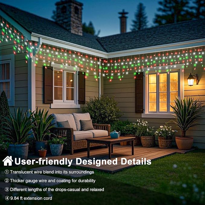 66ft Red White and Green Christmas Lights, 640 LED Icicle Lights for Outside, Clear Wire Connectable Twinkle Light with 8 Modes Timer Waterproof for House Window Party Tree Holiday Patio Yard Home