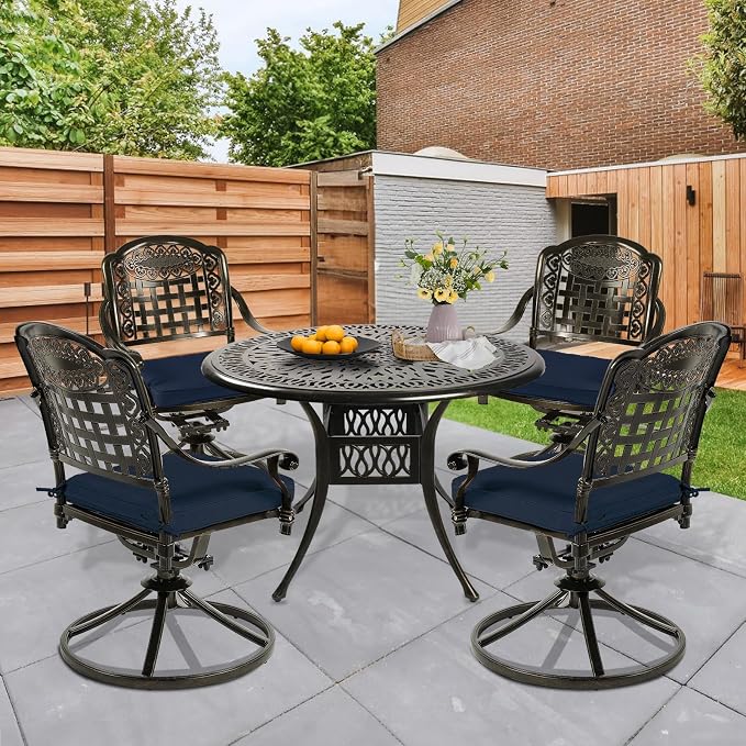 5 Piece Patio Dining Set, Outdoor Table and Chairs Set for 4 Cushioned Swivel Rocking Chairs and 35.4'' Round Table, All-Weather Cast Aluminum Patio Funiture Set, 2'' Umbrella Hole, Navy