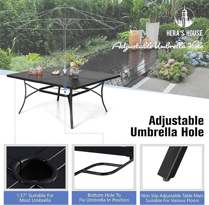 HERA'S HOUSE 9pc Outdoor Patio Dining Set for 8, Textilene Chairs, Brown | 57.5" Square Metal Table with umbrella hole. Waterproof, rust-resistant, all-weather for backyard, porch