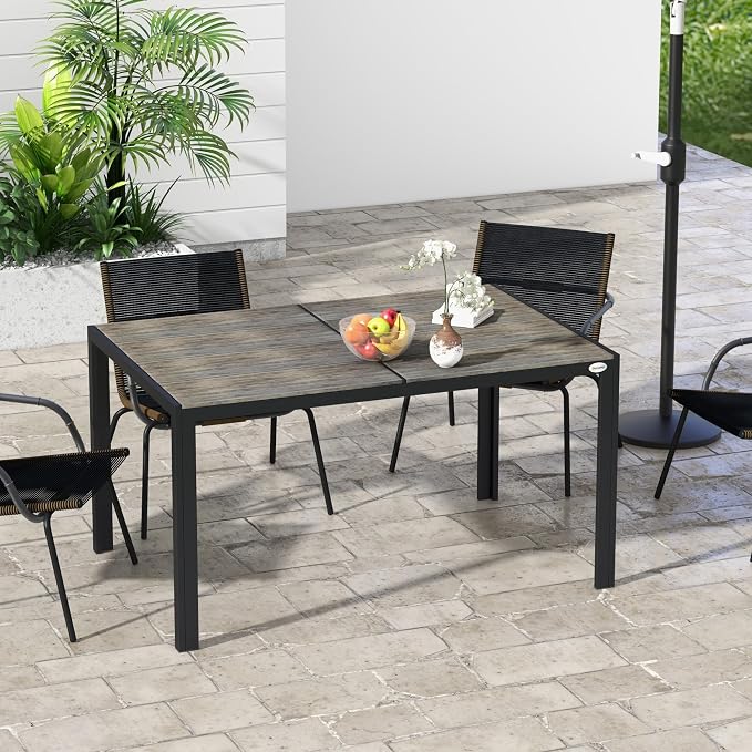 Outsunny Outdoor Dining Table for 6 People, Aluminum Rectangular Patio Table with Faux Wood Tabletop for Backyard, Lawn, Balcony, Poolside, 55" x 35.5", Gray