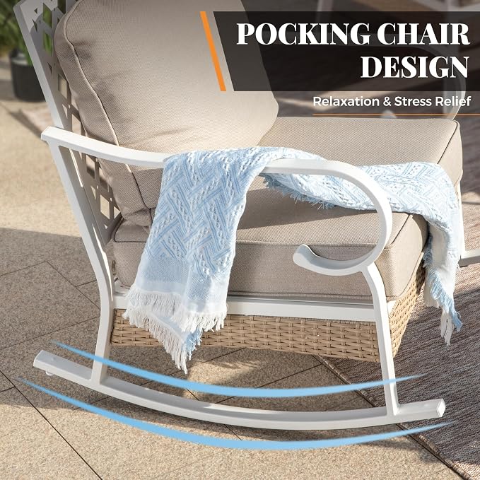 MIXPATIO 5 Piece Patio Furniture Set, 2 x Rocking Chair, 1 x 2-Seat Sofa, 1 x 3-Seat Sofa with Marbling Coffee Table, All Cushioned 7 Seats Outdoor Conversation Set, Beige