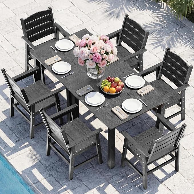 YEFU HIPS Patio Dining Sets: 8-Piece All-Weather Outdoor Table and Chairs with Aluminum Frame & Wood Grain Tabletop - Low-Maintenance Patio Dining Set for 6 Modern Furniture for Family with Deck Grey