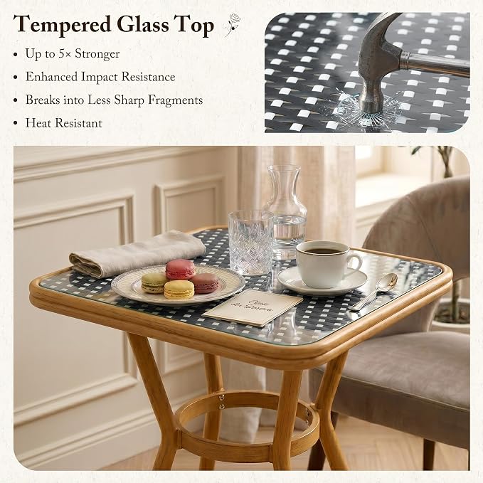 PURPLE LEAF 5-Piece French Bistro Dining Set Square Outdoor Patio Table and 4 Armless Chairs Tempered Glass Top PE Rattan Champagne Print Finish Aluminum Frame Black