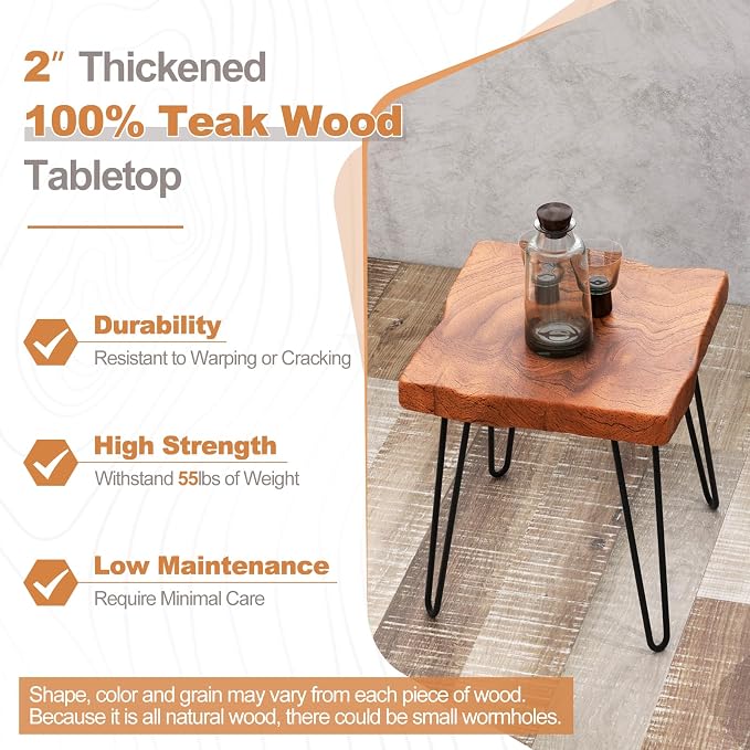 Giantex Teak Wood End Table, Solid Live Edge Outdoor Side Table w/Natural Grain & Heavy-Duty Metal Legs, Rustic Plant Stand for Living Room Patio Balcony, 16" x 16" x 18" (2, Square)