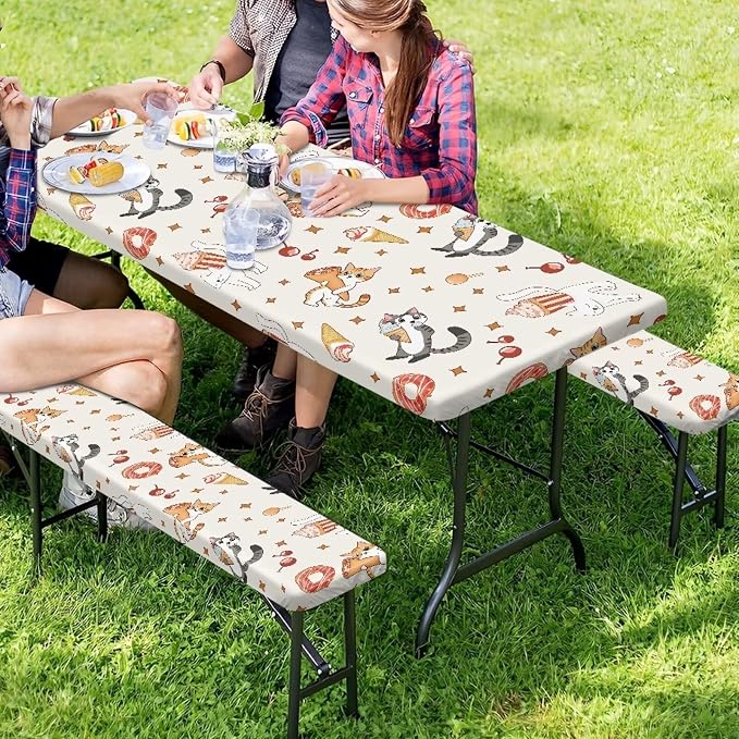 Cute Cat Table Cover with Bench Covers Washable Rectangle Table Cover Outdoor Patio Camping Essentials Picnic Table and Chair Decorative Cover Suitable for Family Gatherings Vacations