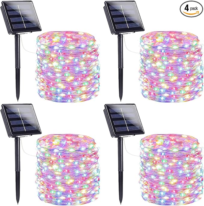 Solar Fairy Lights, 4 Pack Total 400LED 144FT Waterproof String Lights | Multicolor, Copper Wire, 8 Lighting Modes Solar Twinkle Lights for Tree Garden Patio Party Outdoor Christmas Decorations
