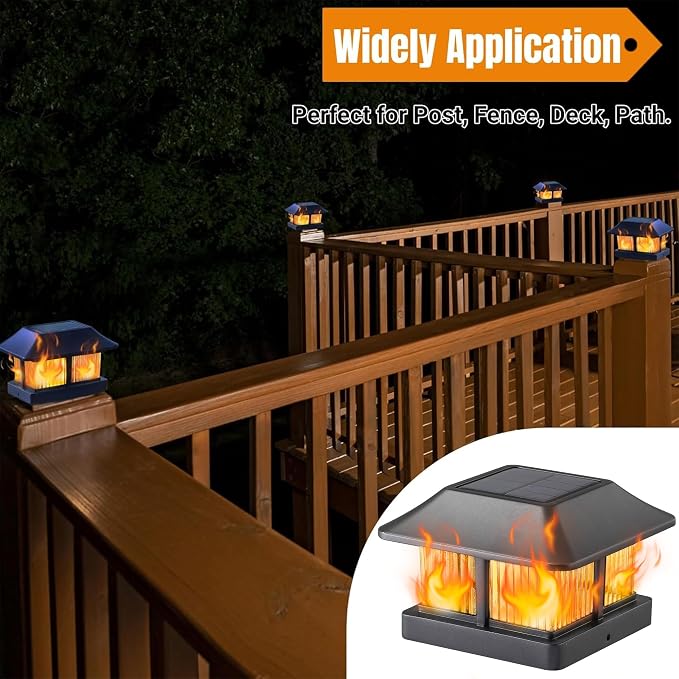 Dynaming Solar Flame Post Cap Lights Outdoor, Solar Powered Fence Post Light, Flickering Flame LED Lantern Lamps Waterproof for Garden Deck Patio, Fit 4x4 Wooden/Vinyl Posts, 6 Pack