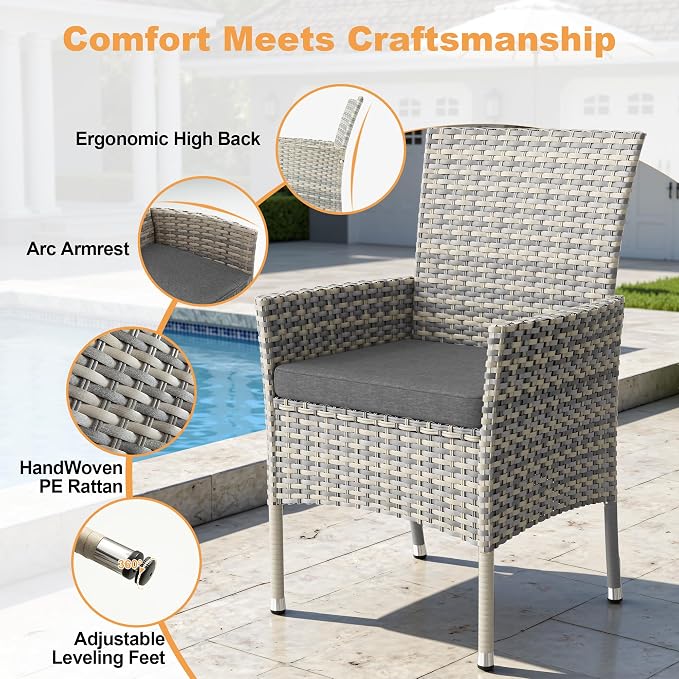 5-Piece Patio Dining Set, Patio Furniture Set with Square Tempered Glass Table & 4 Wicker Chairs, Expandable Design for Larger Groups, Outdoor Furniture for Backyard, Deck, Garden, Grey