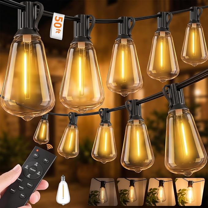 Hotsonic Remote Control Outdoor String Lights Waterproof, 50FT LED Outside Lights with Shatterproof Bulbs, Dimmable Hanging Lights 3 Modes for Patio Porch Garden Pergola Yard House Bistro Party Decors