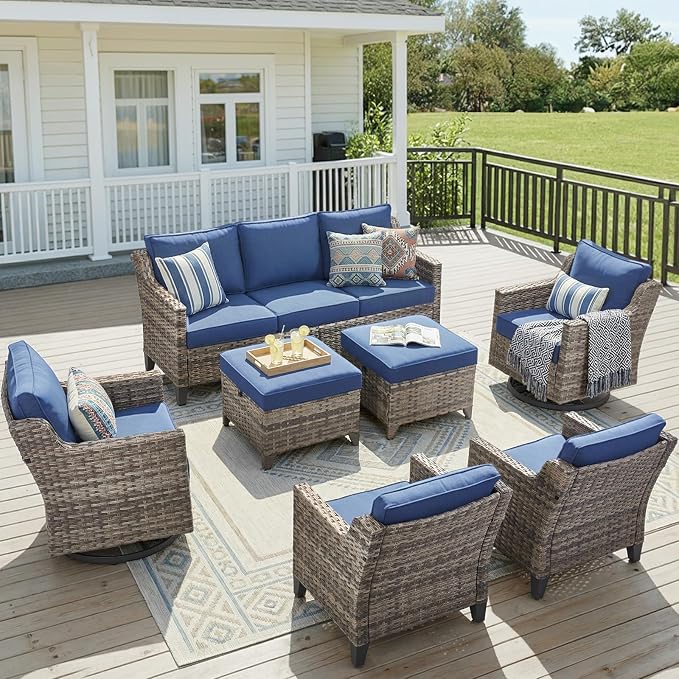 7 Piece Outdoor Patio Wicker Furniture Sets-High Back Outdoor Conversation Set Sectional Sofa with Wicker Swivel Rocker Patio Chairs,Thick Cushions Ottomans for Porch Balcony Patio Deck Grey/Blue