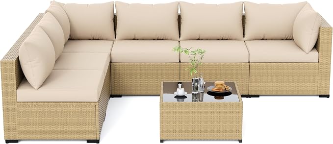 UDPATIO Furniture Set, 7 Piece Sectional Sofas with Wicker Coffee Table, Conversation for Garden, Backyard, Yellow/Beige