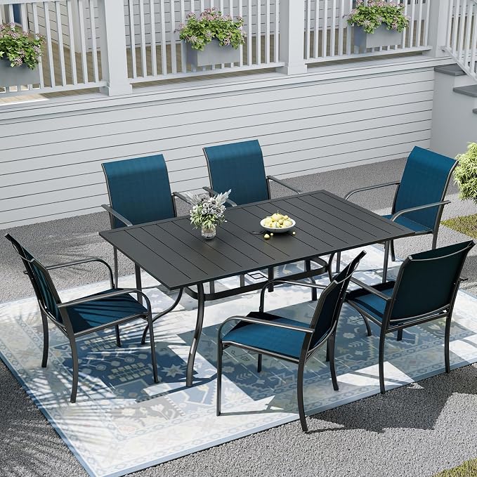 6-Piece Outdoor Dining Set with Umbrella Hole,63"x 38" Patio Table and Stackable Chairs Set for 6,Modern Garden Dining Set for Poolside Seaside Backyard