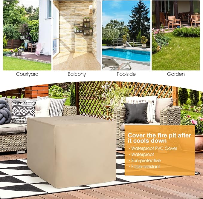 Tangkula 9 Pieces Outdoor Patio Furniture Set with 35-Inch Propane Fire Pit Table, Outdoor PE Wicker Sectional Sofa Set with Storage Box and Cushions, 50,000 BTU Gas Fire Pit Table (Navy)