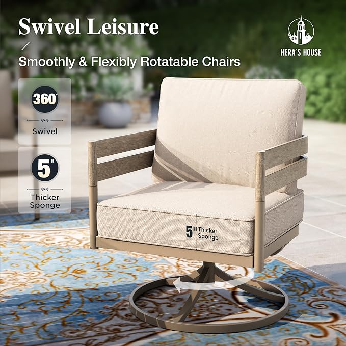 HERA'S HOUSE 4 Pieces Patio Furniture Set, 1 x 3-Seat Outdoor Sofa, 2 x Swivel Armchairs,1 x Wood-Like Nesting Coffee Table, All Weather Patio Conversation Set with Ultra Thick Comfy Cushion
