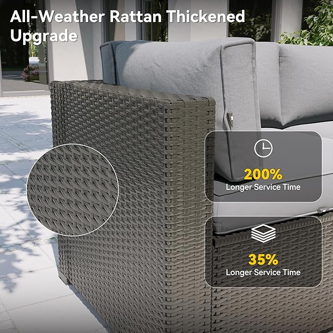Aoxun Patio Furniture Set, 7 Piece Outdoor Sectional Sofas with Waterprool Cover, Wicker Rattan Outdoor Furniture Patio Conversation Set for Backyard, Garden Light Grey