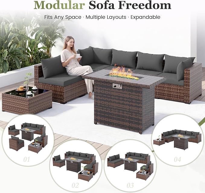 Amopatio 8 Pieces Patio Furniture Set with Fire Pit Table, Outdoor Sectional Conversation Sofa, All-Weather Wicker for Garden, Backyard, Porch, Balcony(Dark Grey)