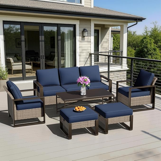 6 Pieces Metal Wicker Patio Furniture Set - 75" Sofa, 2 Armchairs and 2 Ottomans, 1 Coffee Table All Weather Rattan Outdoor Conversation Furniture with Washable Cushion for Deck Porch, Dark Blue