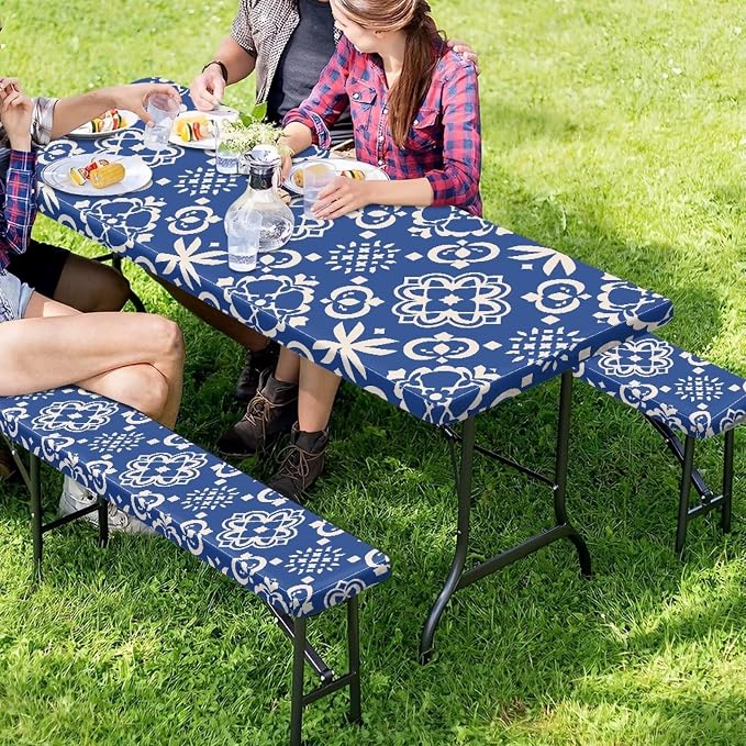 Vintage Flower Picnic Table Cover with Bench Covers Autumn Outdoor Camping Tablecloth Water and Oil Repellent Elastic Waterproof Picnic Table Cover 3 Piece Set for 6 Foot Tables