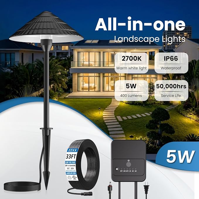 All-in-One Low Voltage Landscape Lighting Kit, 5W Outdoor Lights 2700K | Pathway Lights with 40W Transformer, IP66 Waterproof LED Landscape Lights Dusk to Dawn, Patio Lights for Yard Garden, 4-Pack