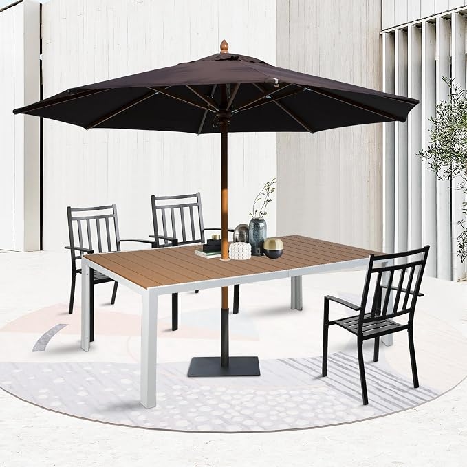 Dporticus Outdoor Dining Table for 6-8 Person, 71” Rectangular Patio Table with 1.6” - 2” Adjustable Umbrella Hole and Wood Like Tabletop for Outside or Indoor, Brown and White