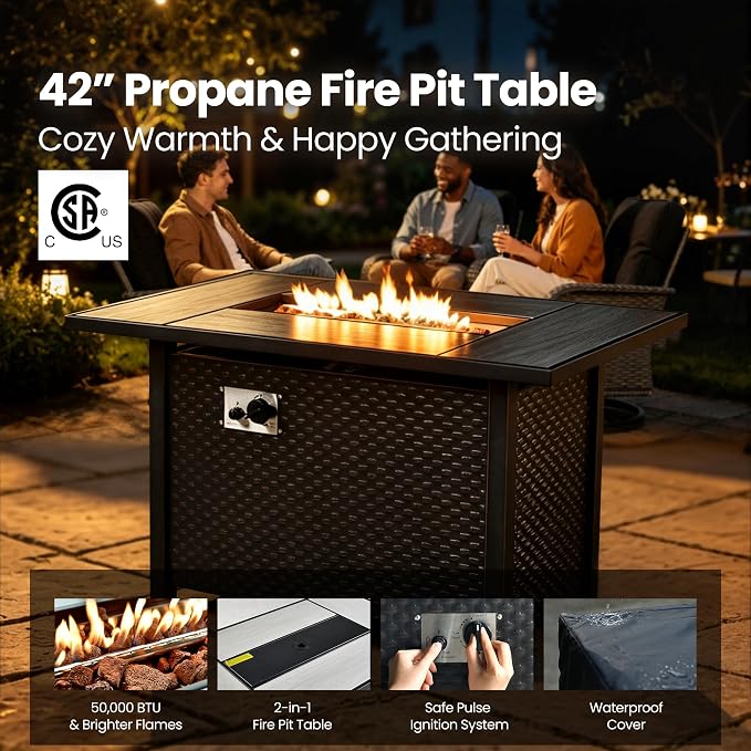 7 Piece Patio Furniture Set with Firepit Swivel Chair, Black | High Back Swivel Rocker Chairs, Deep Seat Sofa Ottoman, Fire Pit Table, Outdoor Conversation Sets for Porch Deck Backyard