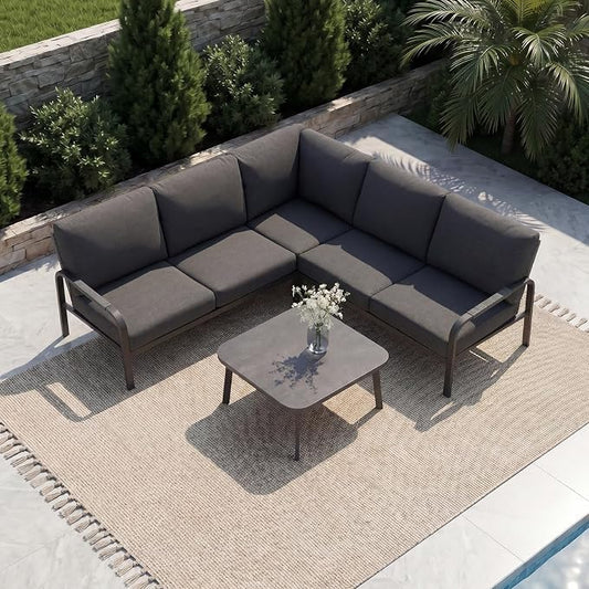 Aluminum Patio Furniture Set with Coffee Table, L-Shaped Patio Sectional Couch with Rattan Backrest for Garden, Balcony, Terrace, Gray