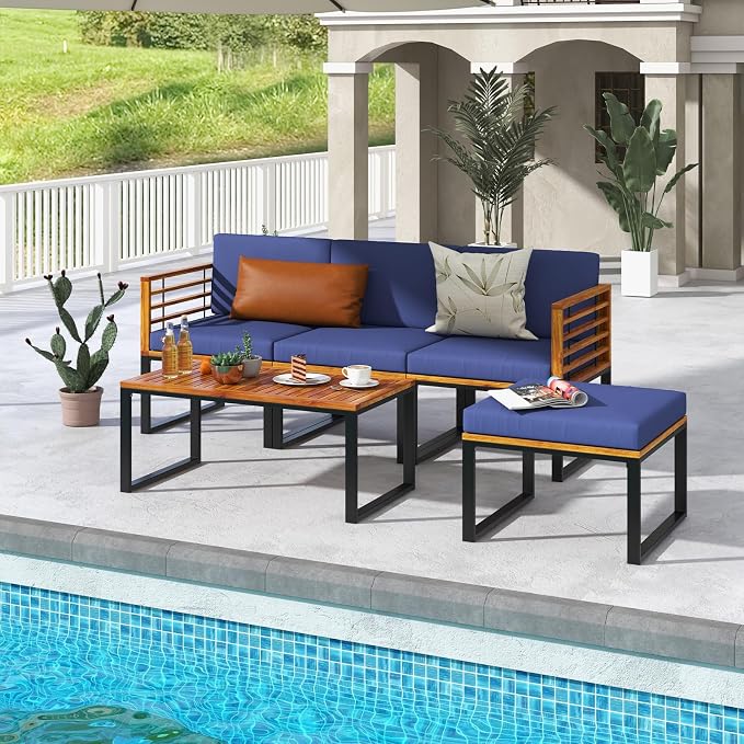 Tangkula 5 Pieces Patio Conversation Set, Acacia Wood Chair Set with Ottoman & Coffee Table, Comfy Seat & Back Cushions, Outdoor Wood Furniture Set for Backyard, Poolside, Garden