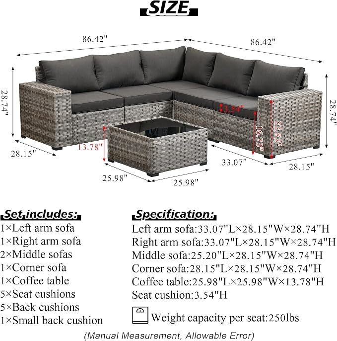 HOOOWOOO Outdoor Patio Sectional Furniture Sofa Set with Widened Armrest,6 Piece Small Modern Wicker Couch,Modular L Shaped Conversation Seating Set with Table for Out Door Garden Corner(Black)