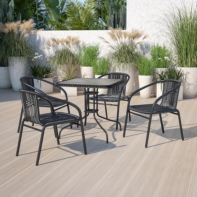 Flash Furniture Barker 28'' Square Tempered Glass Metal Table with Black Rattan Edging