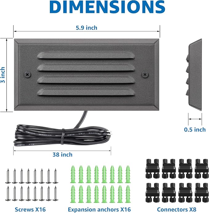 SUNVIE 5W Low Voltage Step Lights 6 Inch Outdoor Brown Cast-Aluminum 8-Pack | Landscape lights, 12-24V AC/DC, 3.2FT ETL Listed Wire, with Fastlock2 Connectors, Horizontal Louver, for Step Stairs, Fences